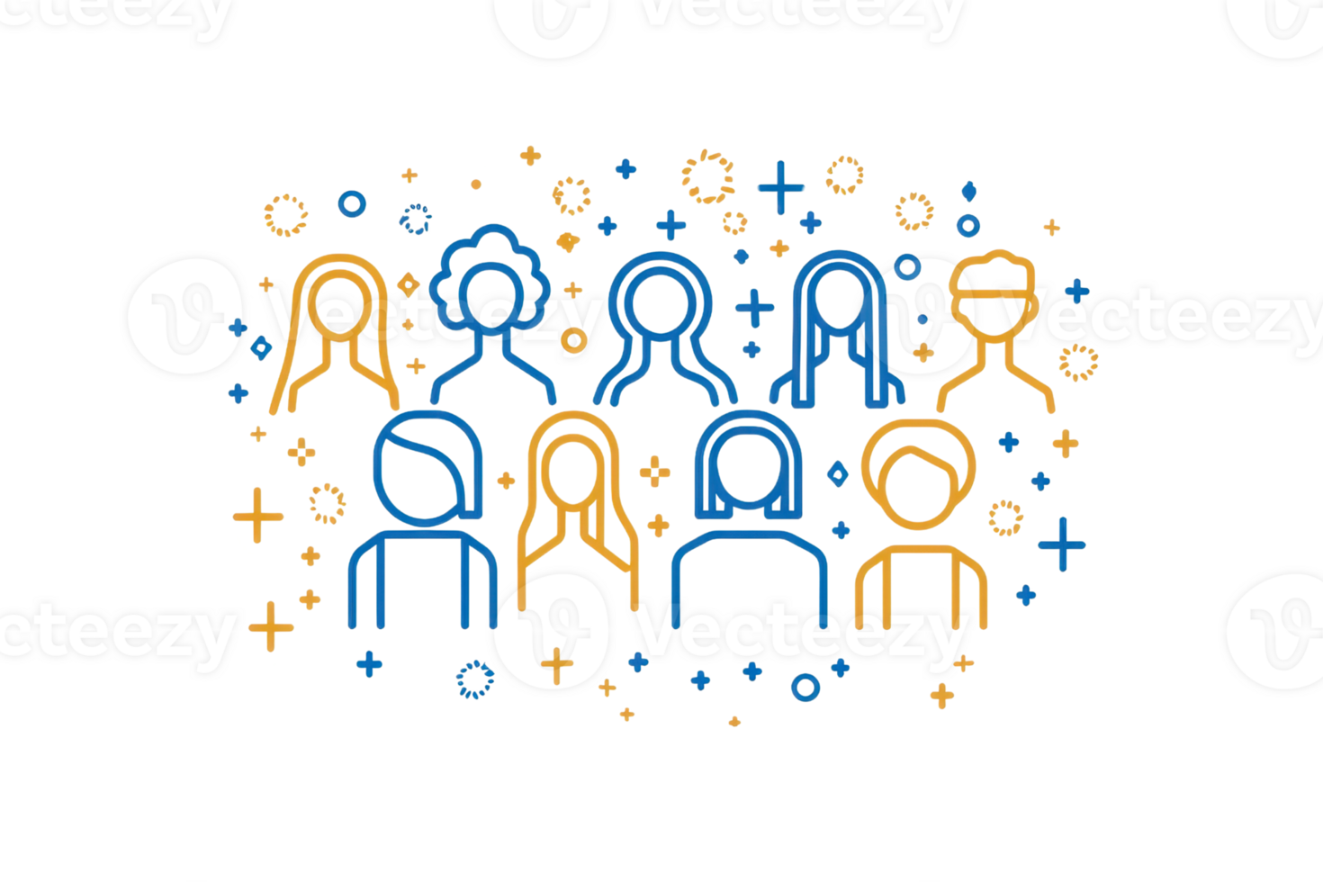 Line art of diverse people with various hairstyles and features, depicted in bright colors against a dark backdrop, symbolizing community and connection. png
