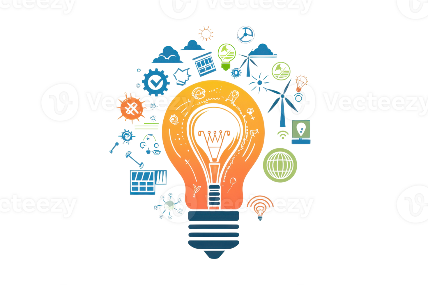 A colorful light bulb with various icons representing innovation, technology, and creativity surrounding it. png