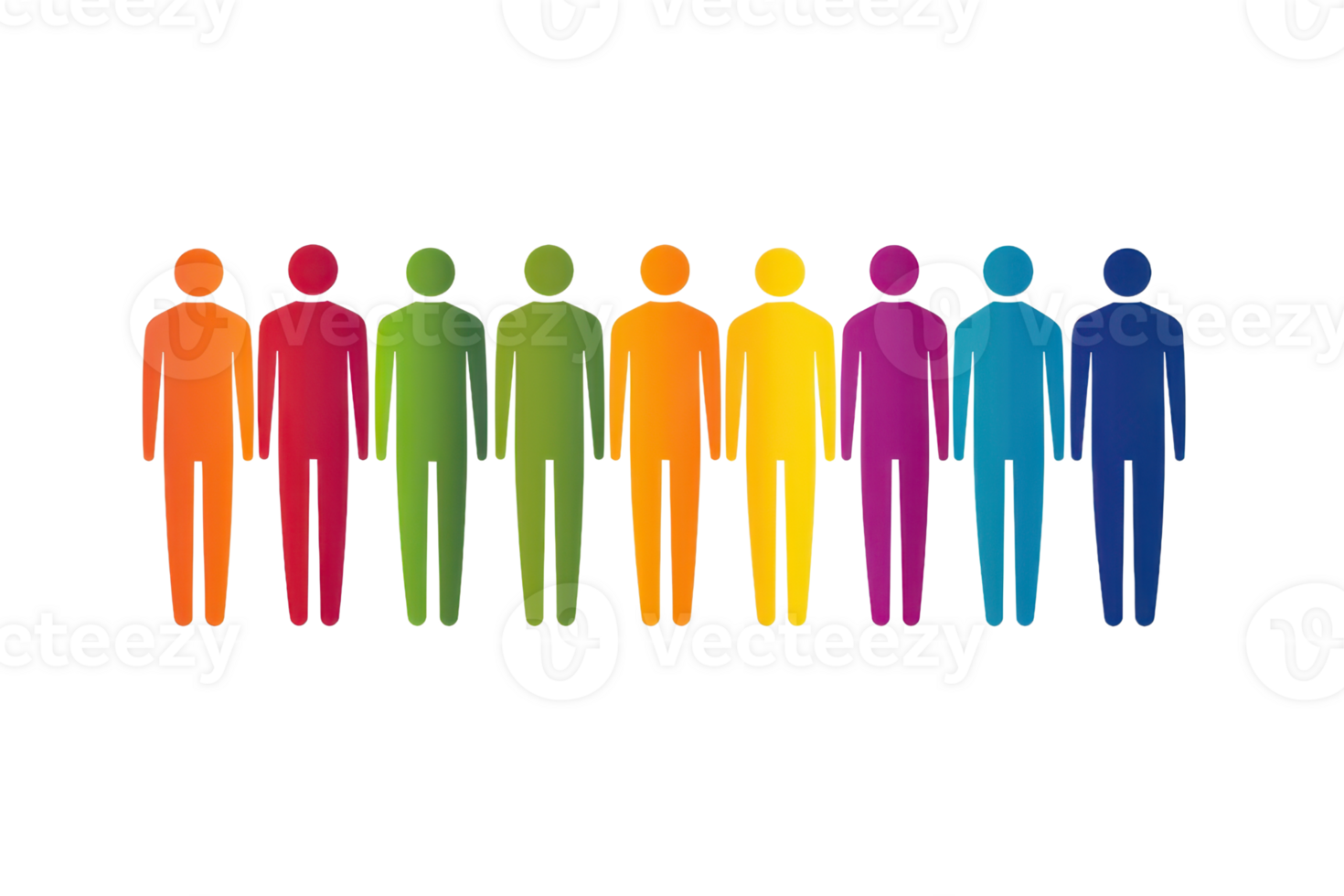 A colorful lineup of stylized human figures, each represented in a different vibrant shade, showcasing diversity and unity. png