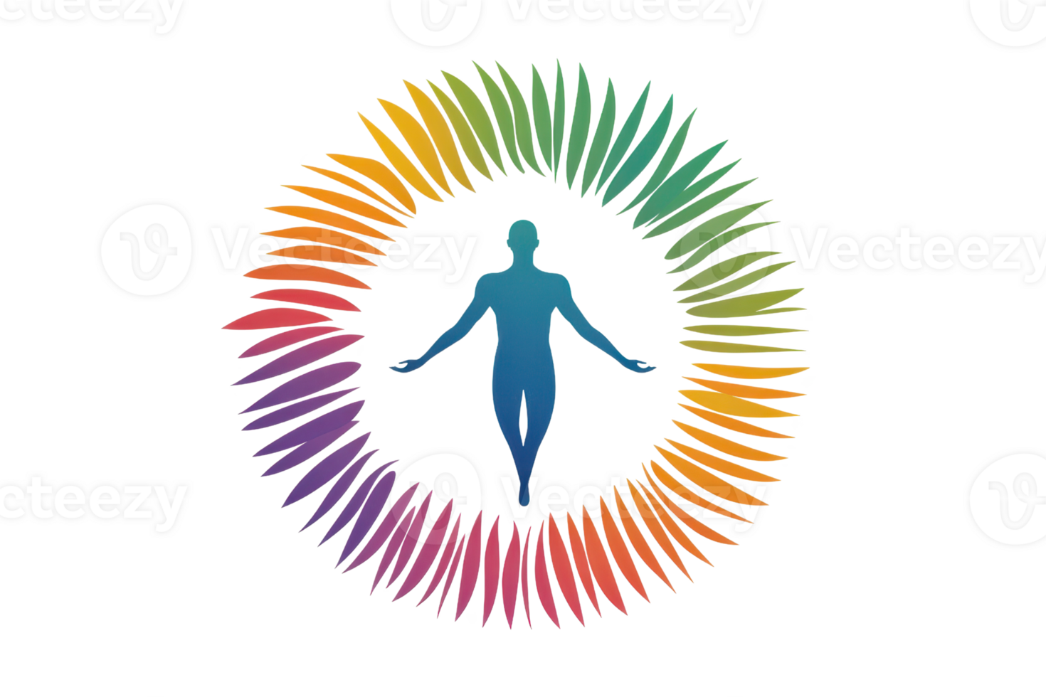 A silhouette of a person with arms outstretched, encircled by vibrant, colorful leaf-like shapes. png