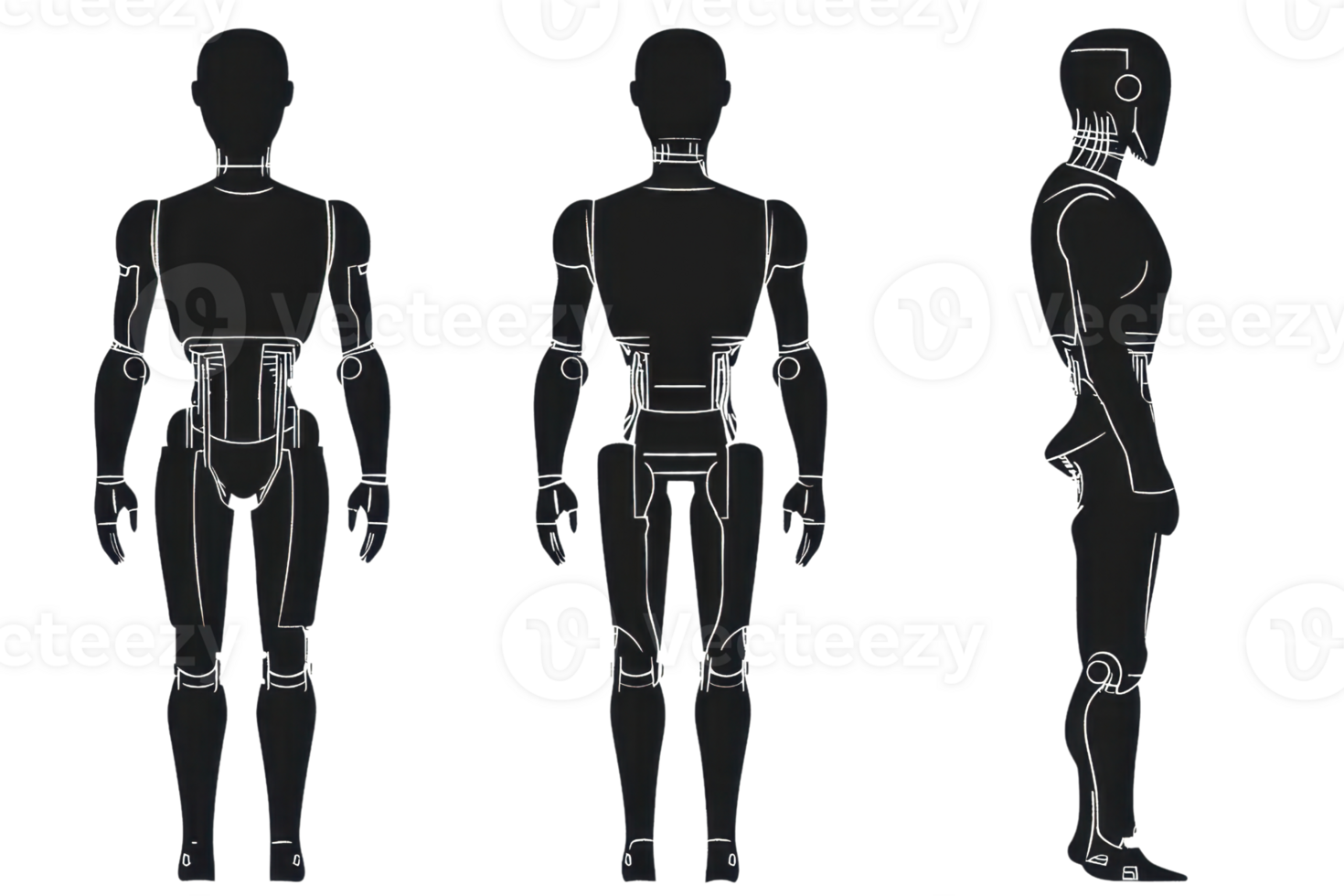 A digital model of a humanoid figure displayed from multiple angles, showcasing its anatomy and design features. png