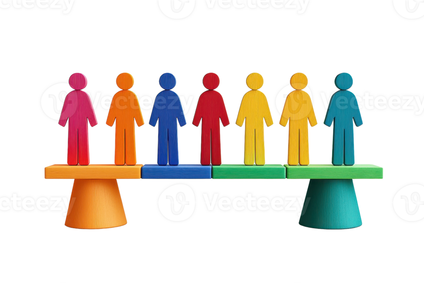 Colorful wooden figures balanced on a seesaw, representing equality and teamwork. png