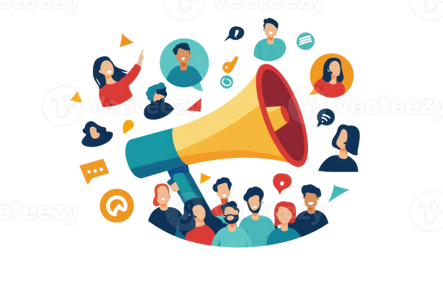 A colorful megaphone surrounded by various user icons, symbolizing communication and interaction in a digital environment. png