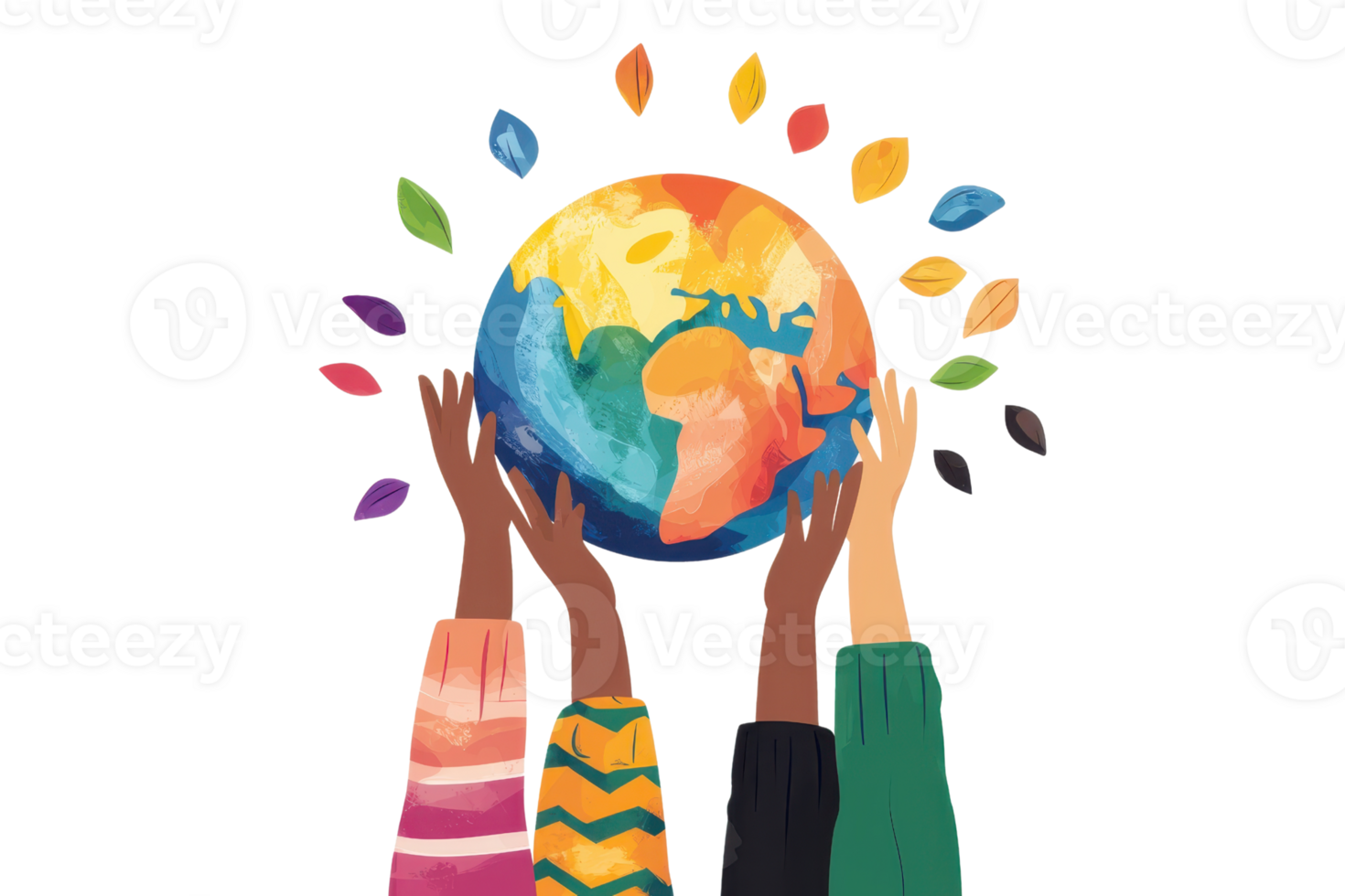 Colorful hands uplift a vibrant globe, symbolizing unity and global care through diverse participation. png