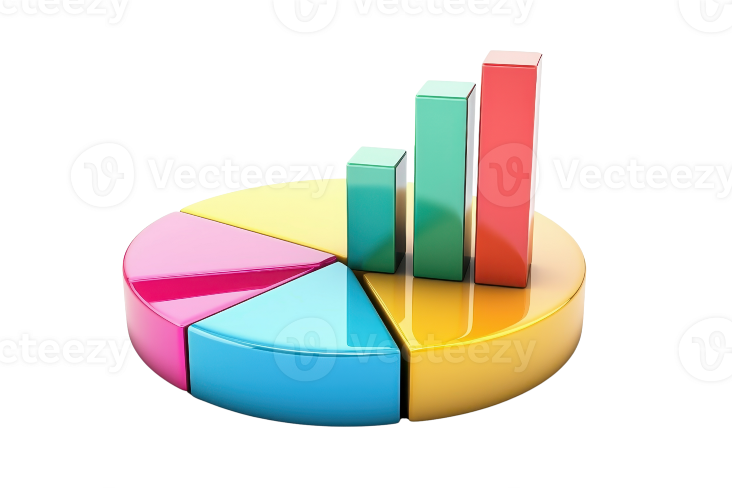 A colorful pie chart with three vertical bar graphs, showcasing data visualization in a modern, vivid design. png