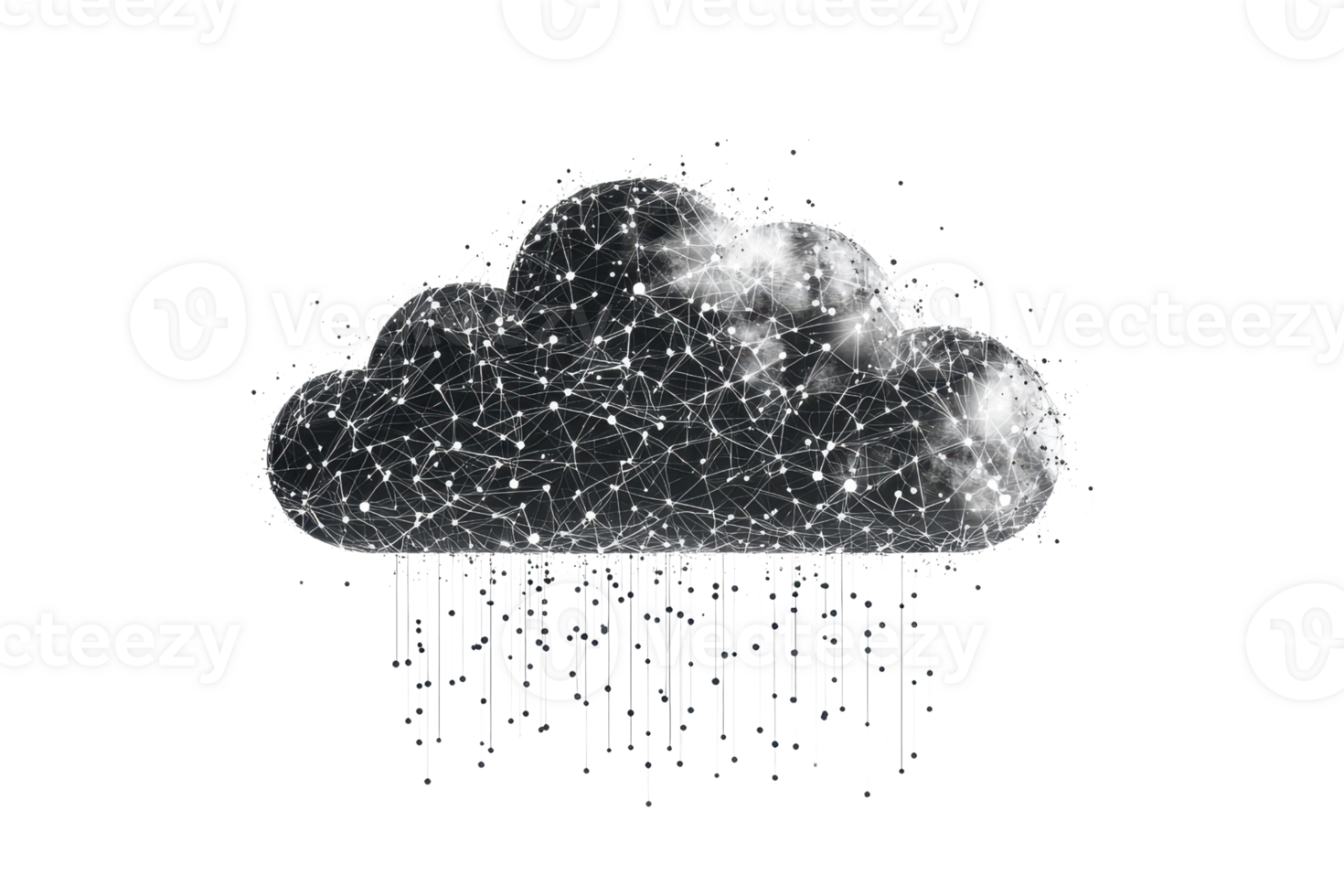 A stylized cloud featuring intricate patterns and designs, with digital rain-like elements descending from it. png