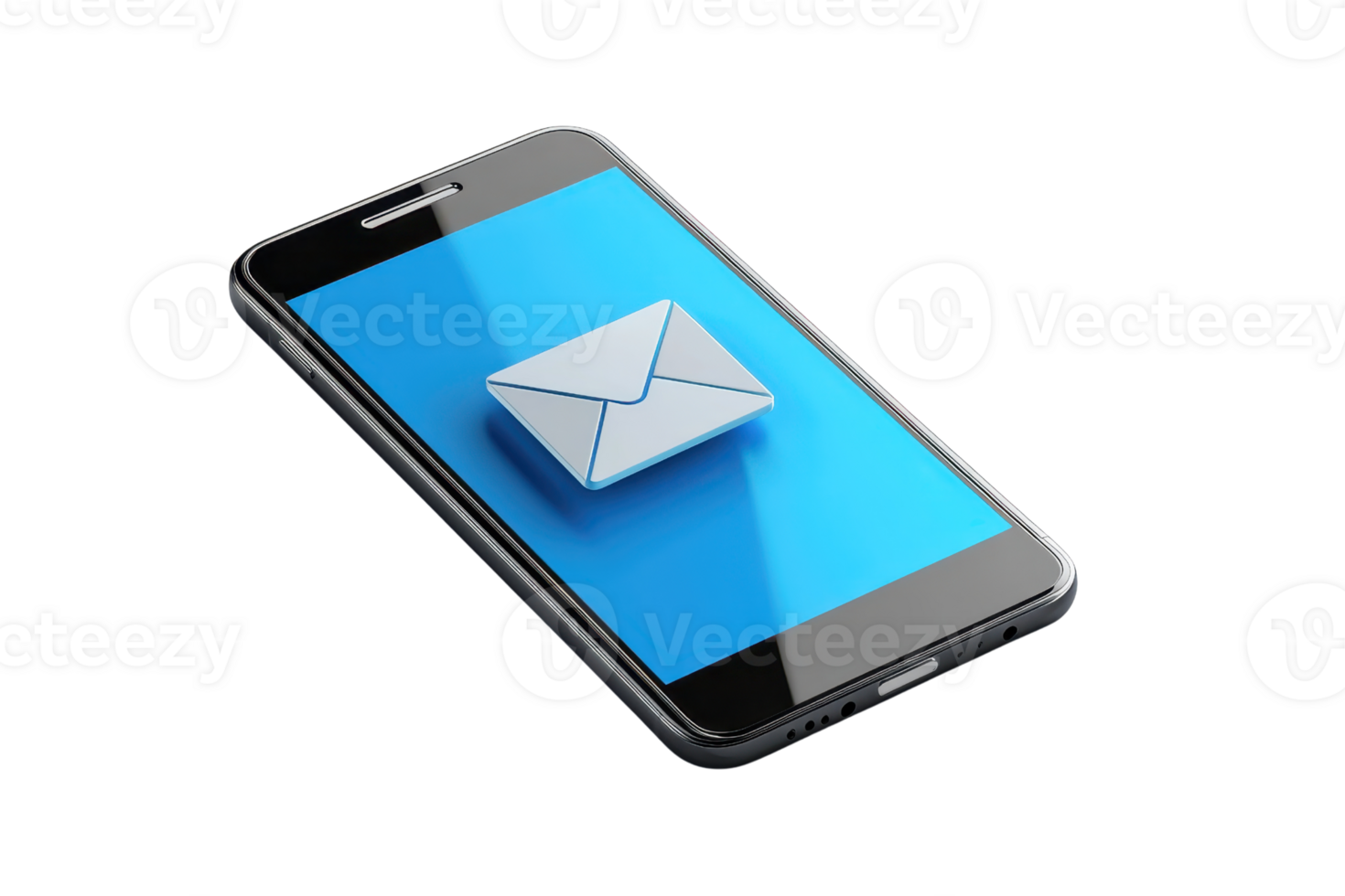 A modern smartphone displays a digital envelope icon on a blue screen, symbolizing email communication. png