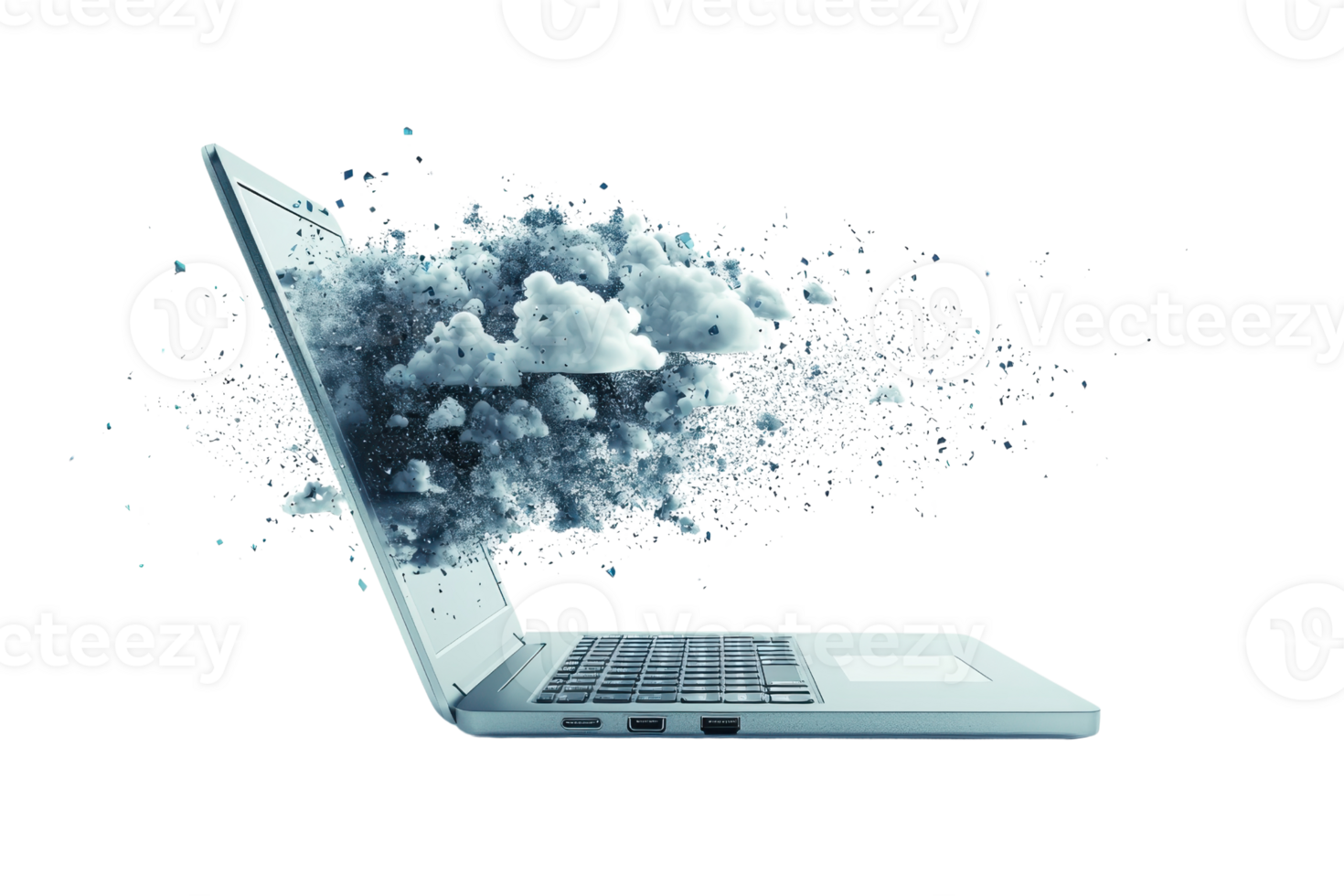 A laptop appears to emit clouds, creating a surreal representation of digital creativity or imagination. png