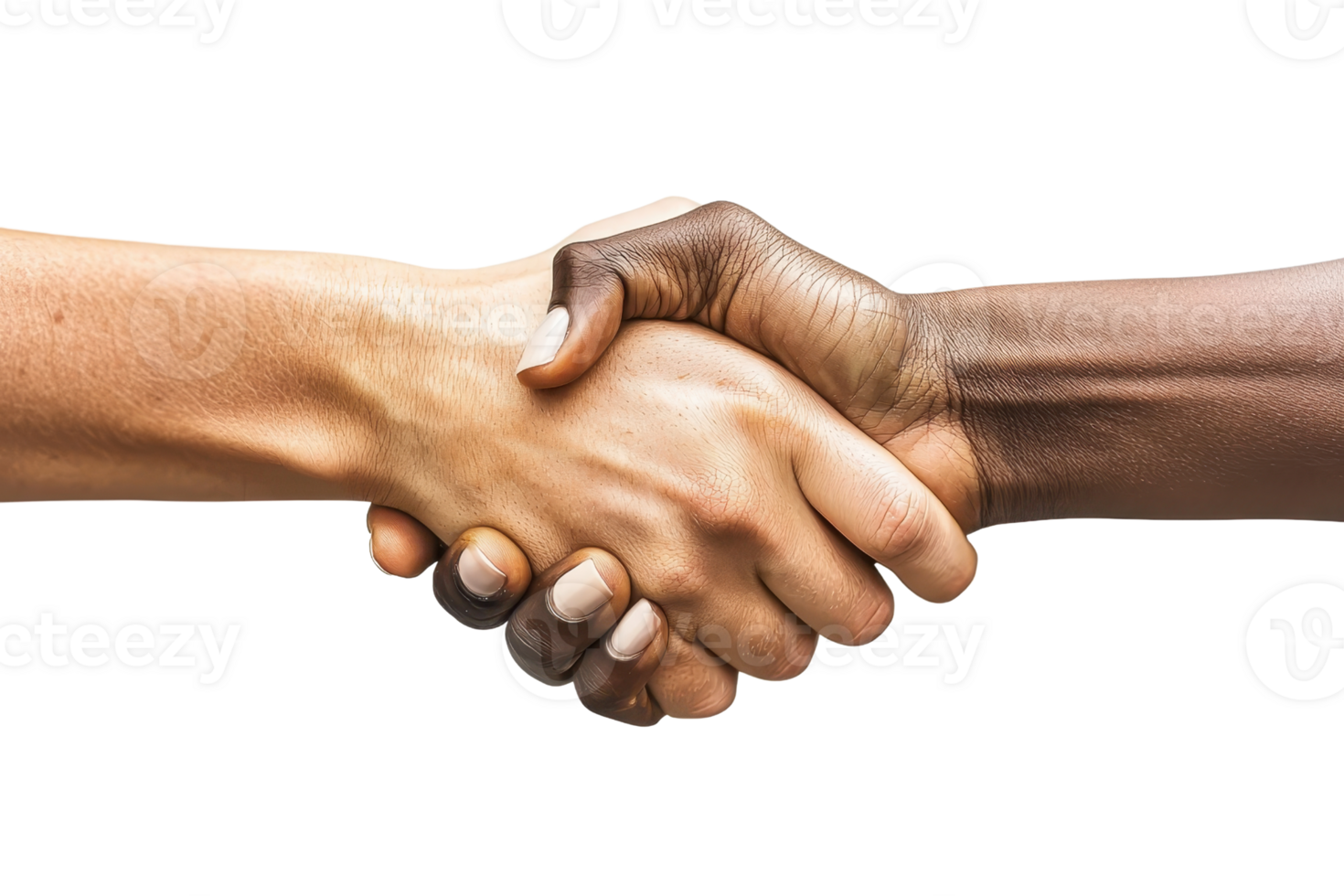 A close-up of two hands shaking, symbolizing partnership and unity between diverse individuals. png