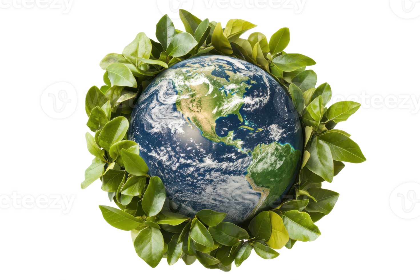 A globe encircled by vibrant green leaves, symbolizing environmental protection and ecological balance. png