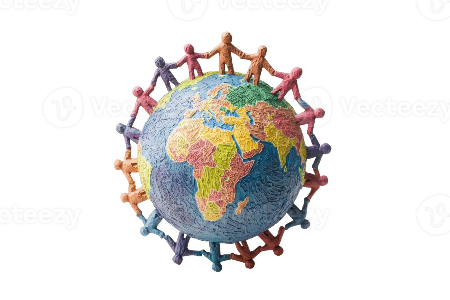 A globe surrounded by colorful paper figures, symbolizing global unity and collaboration among diverse cultures. png