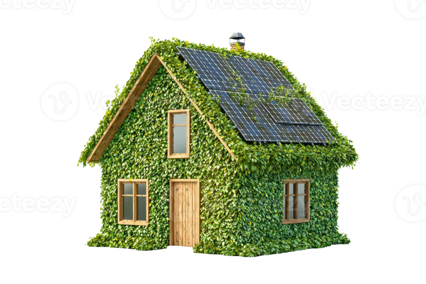 A lush, green house adorned with solar panels, showcasing an eco-friendly design integrated with nature. png