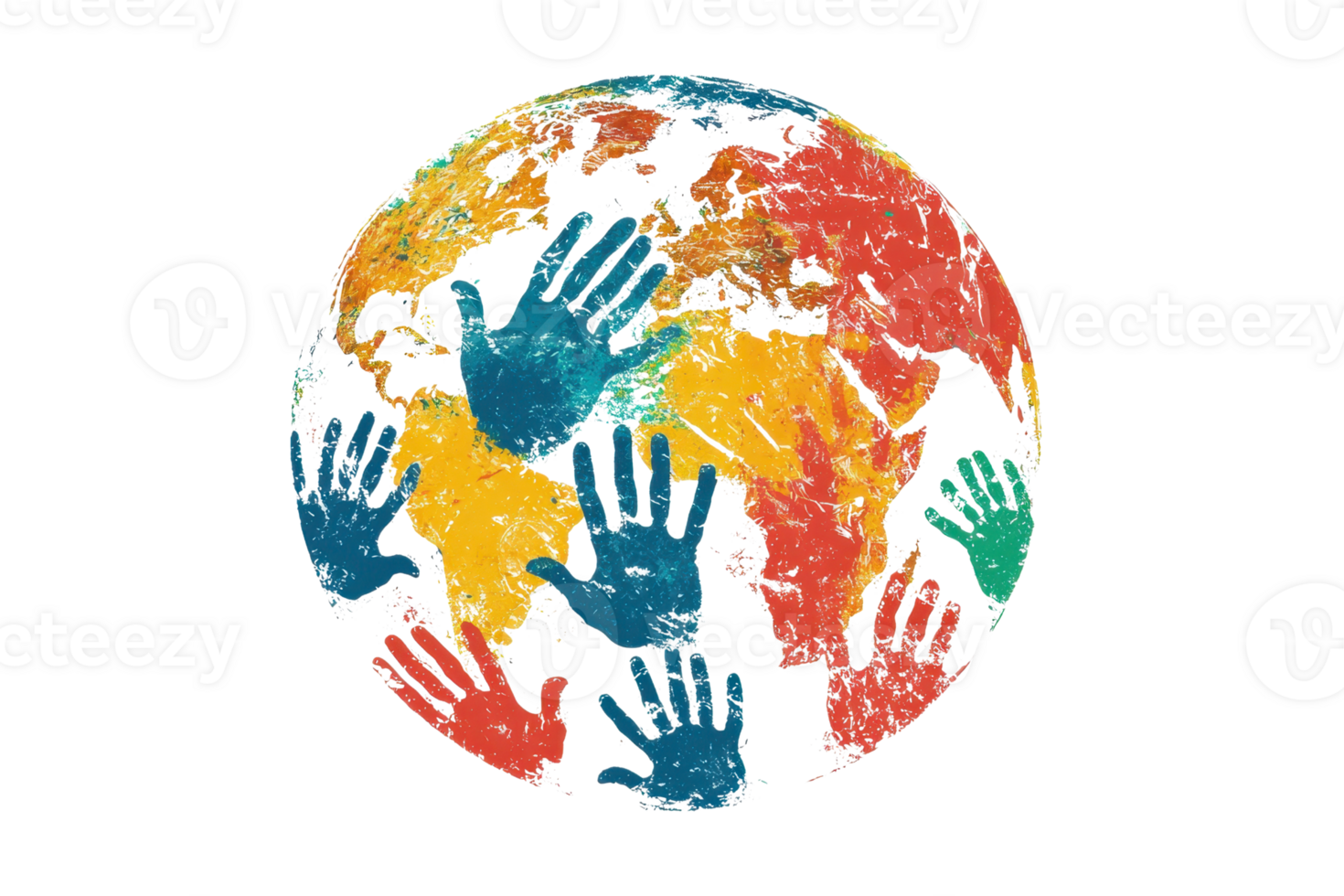 A colorful depiction of the Earth surrounded by handprints, symbolizing unity and global collaboration. png
