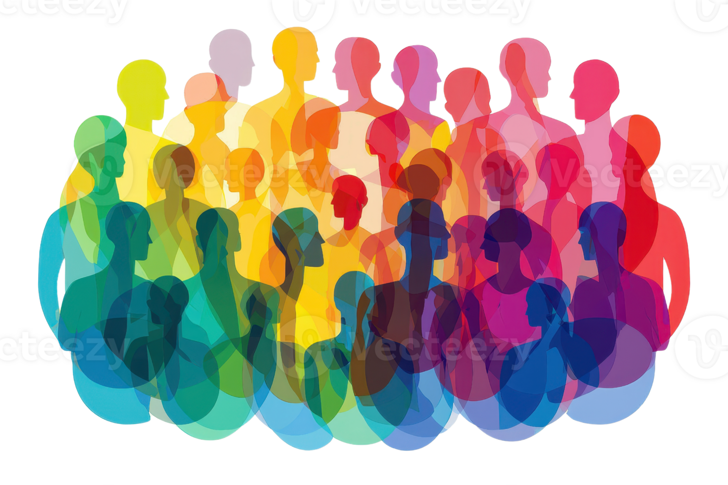 A vibrant array of diverse silhouettes representing community and connection, showcasing a blend of colors and overlapping figures. png