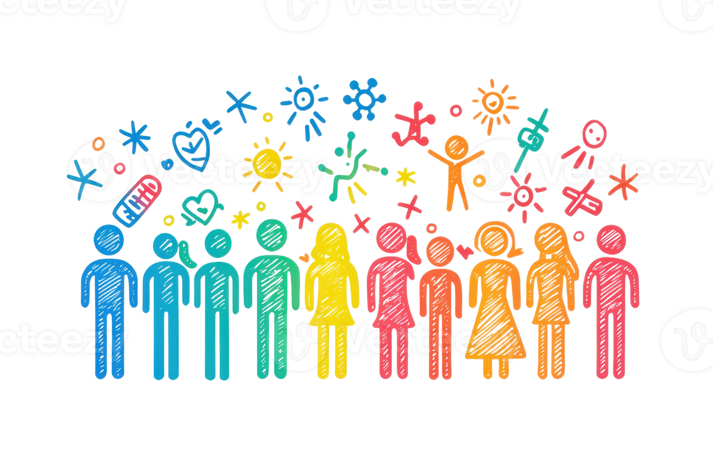 A colorful illustration of diverse stick figures representing community, connection, and collaboration. png