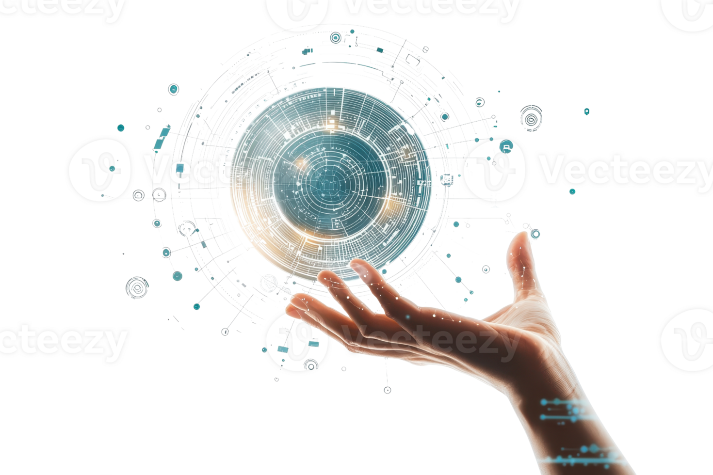 A hand reaches out toward a luminous orb displaying intricate patterns and digital elements, symbolizing technology and connectivity. png