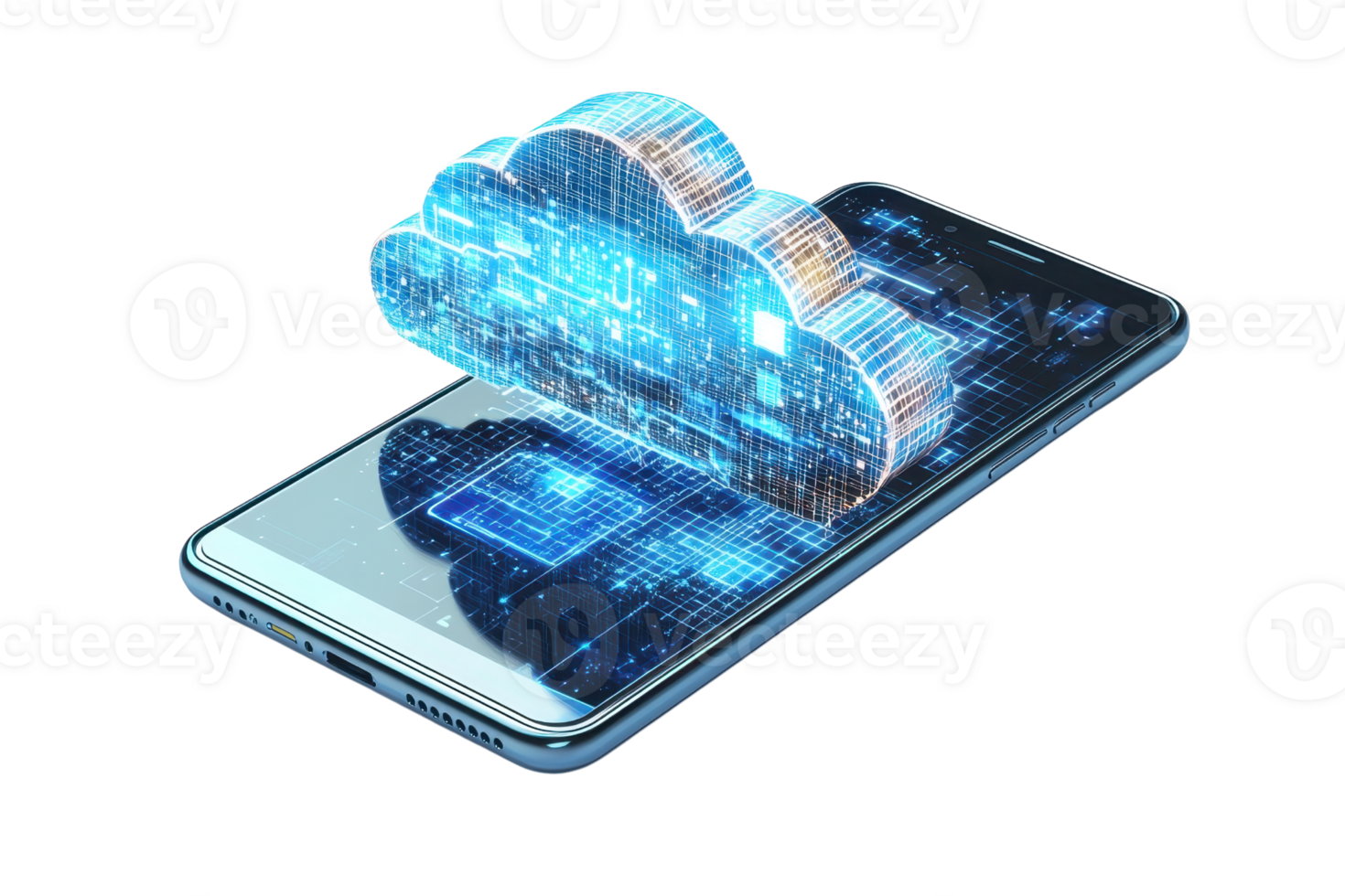 A smartphone displays a digital cloud with interconnected data elements, symbolizing cloud computing and data storage. png