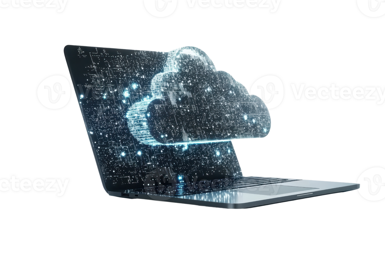 A laptop with a digital cloud formation, symbolizing cloud computing and data transfer. png