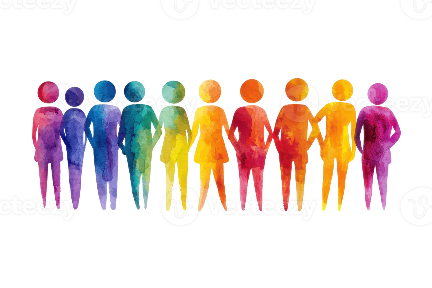 A vibrant arrangement of diverse, colorful human figures standing in a row, showcasing unity and variety in form and color. png