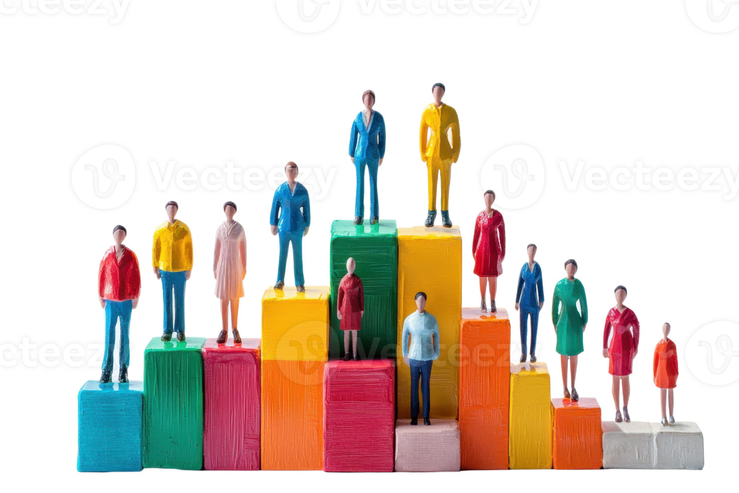 A group of colorful figurines stands on varying-height blocks, representing different levels or achievements. png