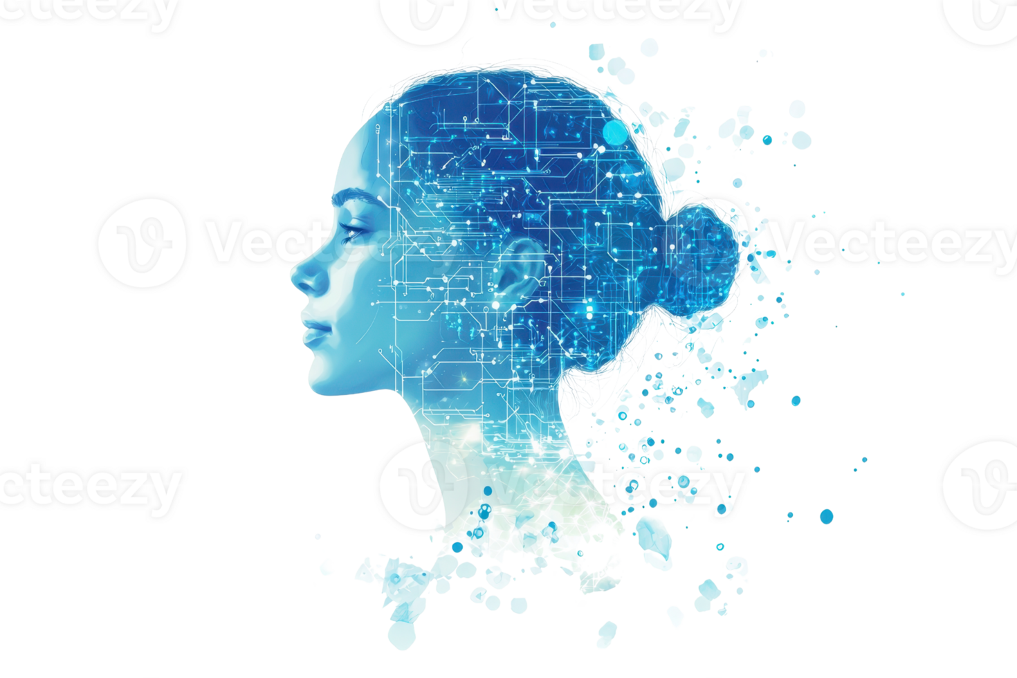 A digitally stylized profile of a woman with a blue, geometric overlay and abstract elements. png