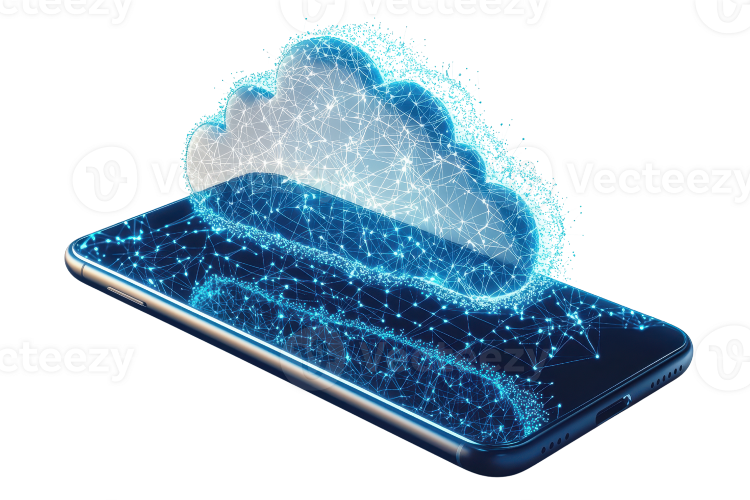A digital representation of a phone displaying a cloud, symbolizing connectivity and data storage in a sleek design. png