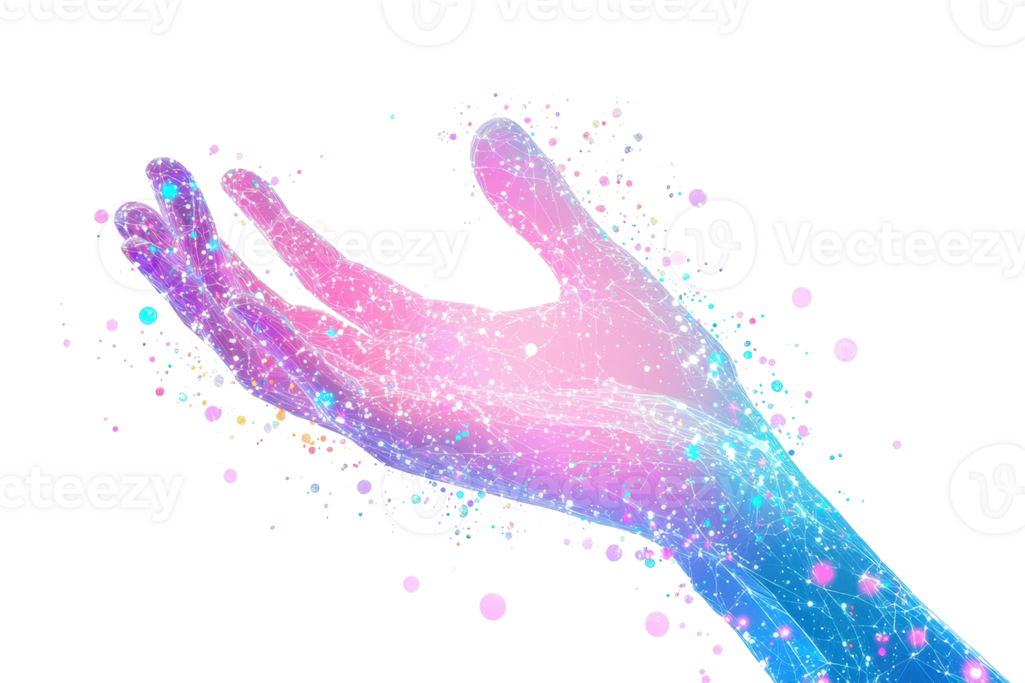 A colorful hand extended, adorned with vibrant splashes of color resembling cosmic energy. png