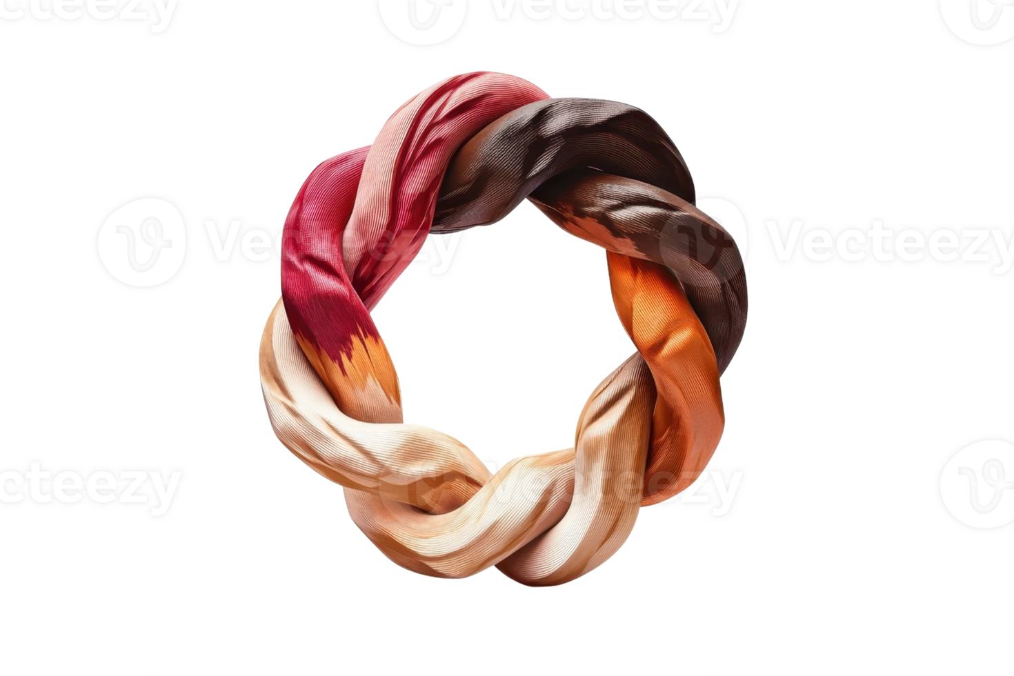 A woven silk scarf arranged in a circular pattern, showcasing a blend of rich, vibrant colors. png