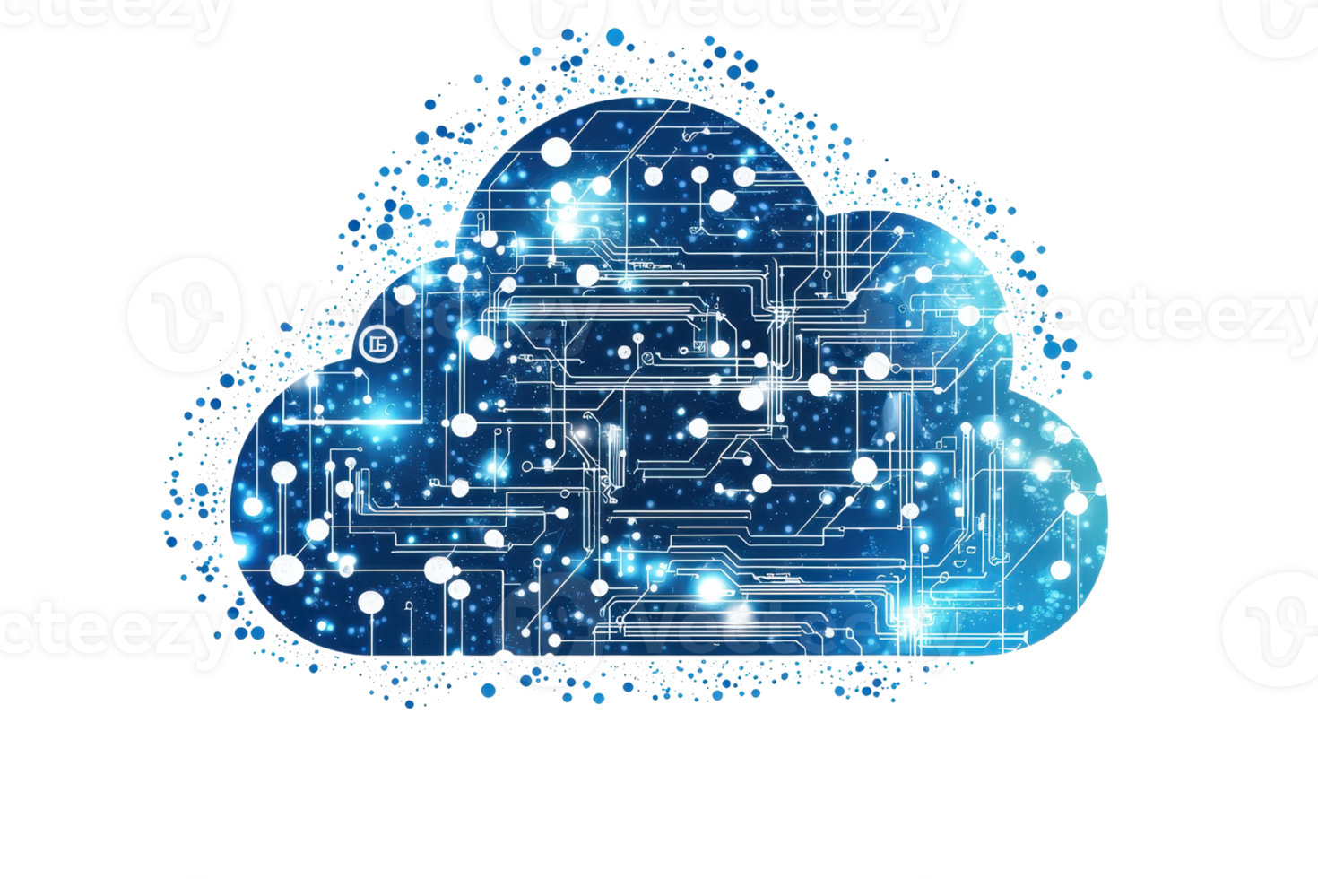 A digital cloud featuring circuitry patterns and glowing nodes that symbolize data flow and connectivity. png