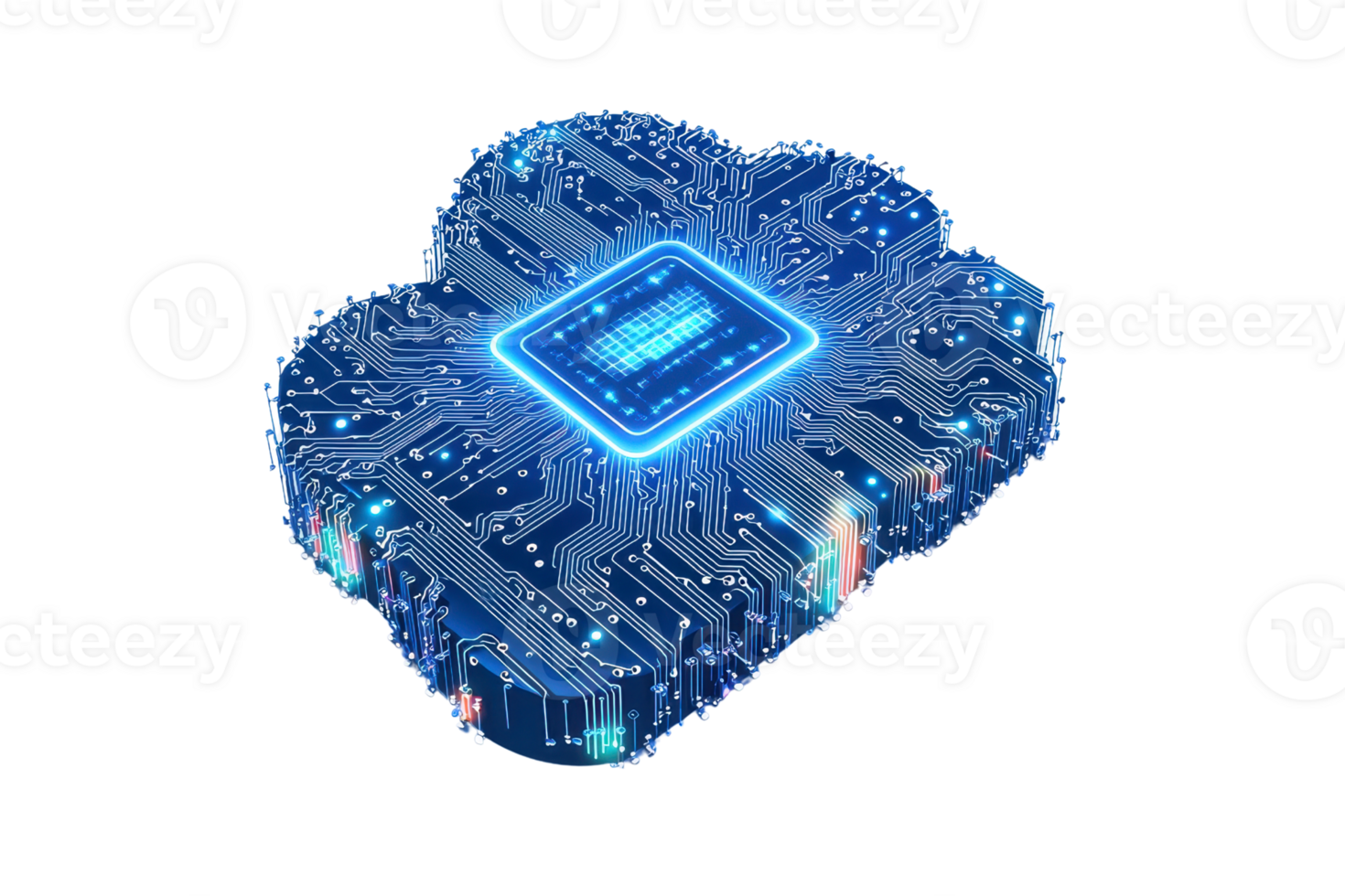 A high-tech microchip featuring intricate circuit patterns and vibrant blue lighting, symbolizing advanced technology. png