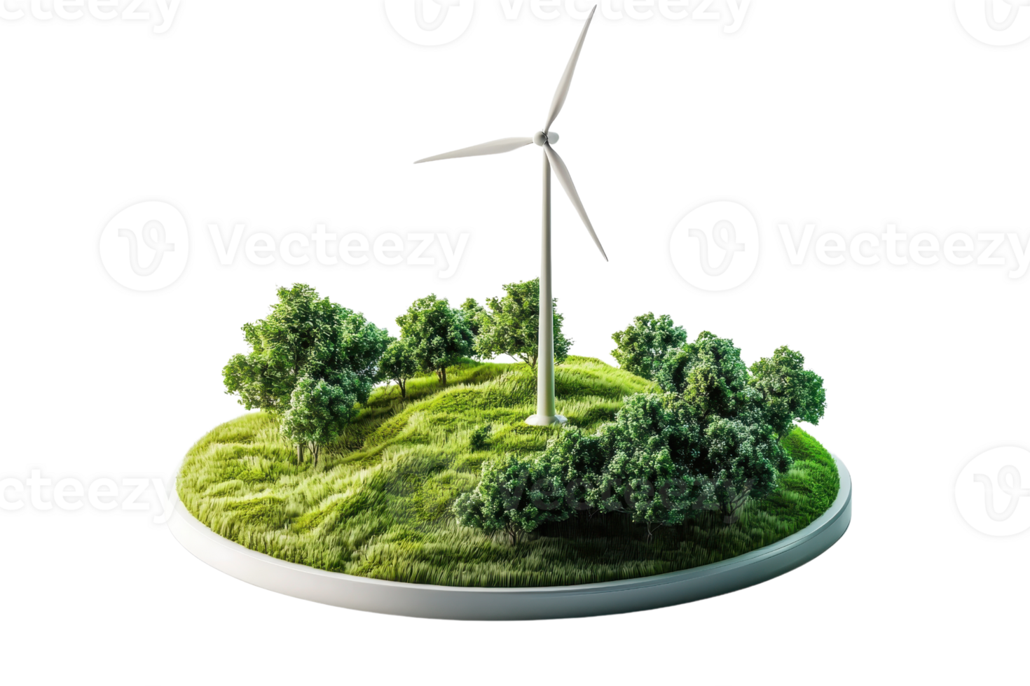 A wind turbine stands on a green, lush landscape featuring rolling hills and trees, symbolizing renewable energy and sustainability. png