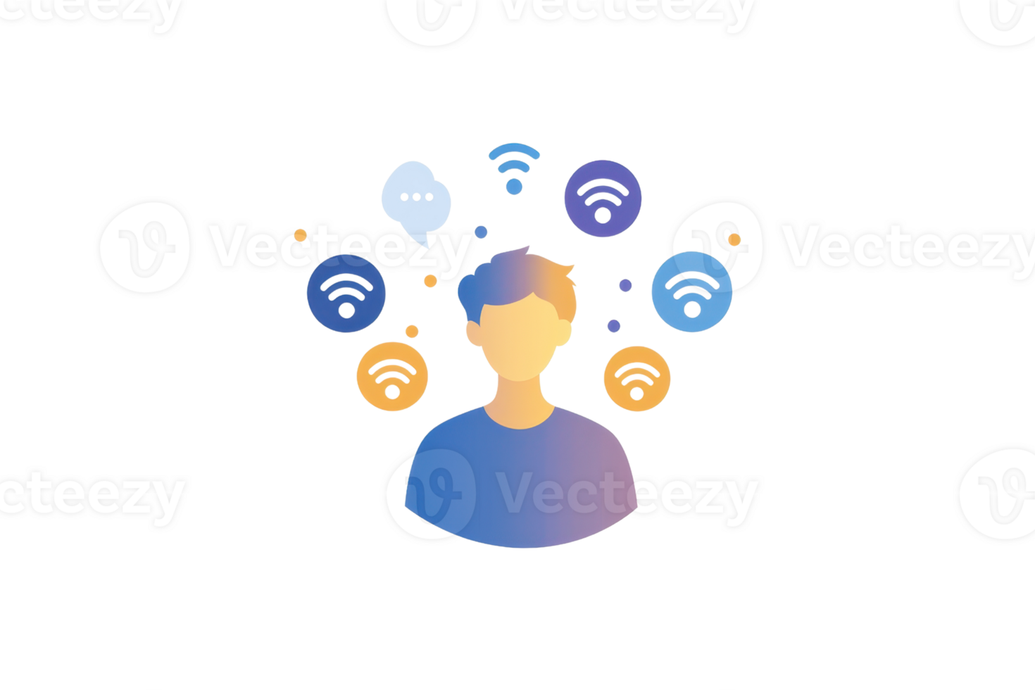 A stylized illustration of a person surrounded by symbols of communication and connectivity like speech bubbles and Wi-Fi signals. png