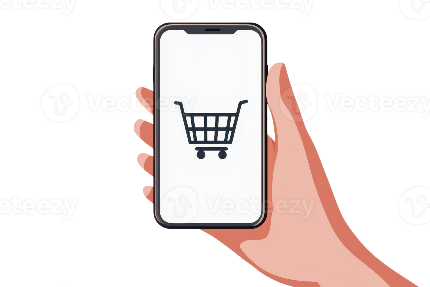 A hand holds a smartphone displaying a shopping cart icon on its screen. png