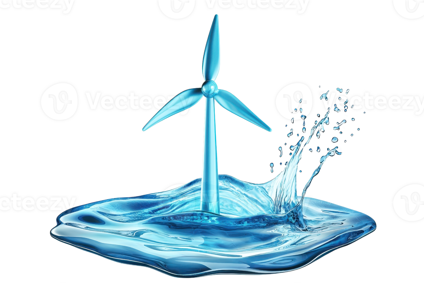 A blue wind turbine emerging from a splash of water, symbolizing sustainable energy and innovation. png