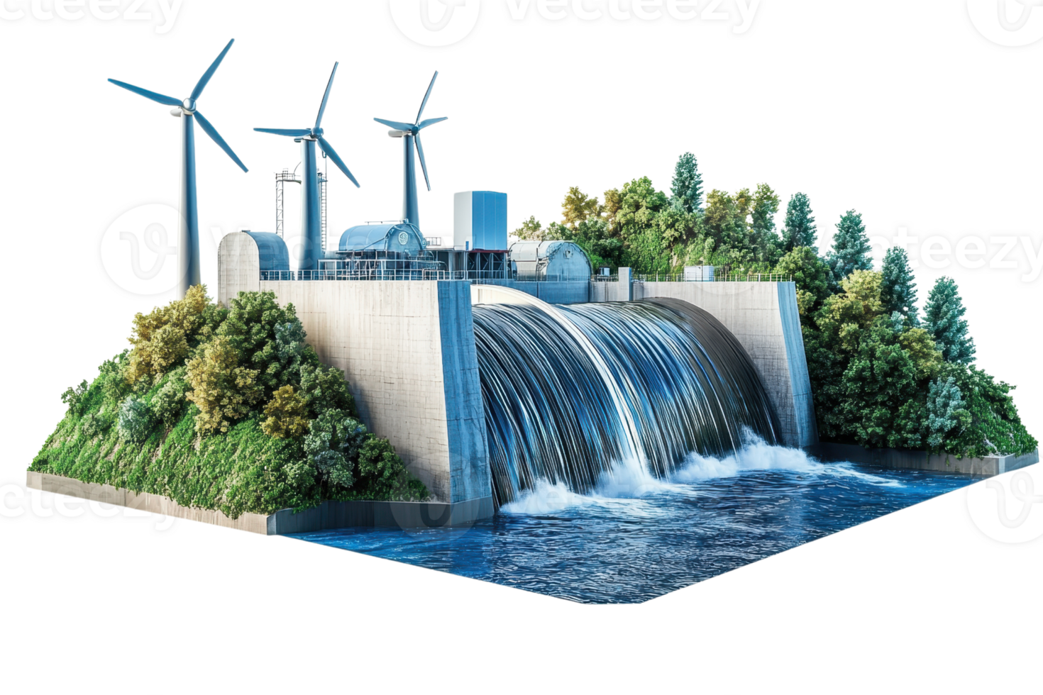 A model showcasing a hydroelectric dam with flowing water, wind turbines, and surrounding greenery. png