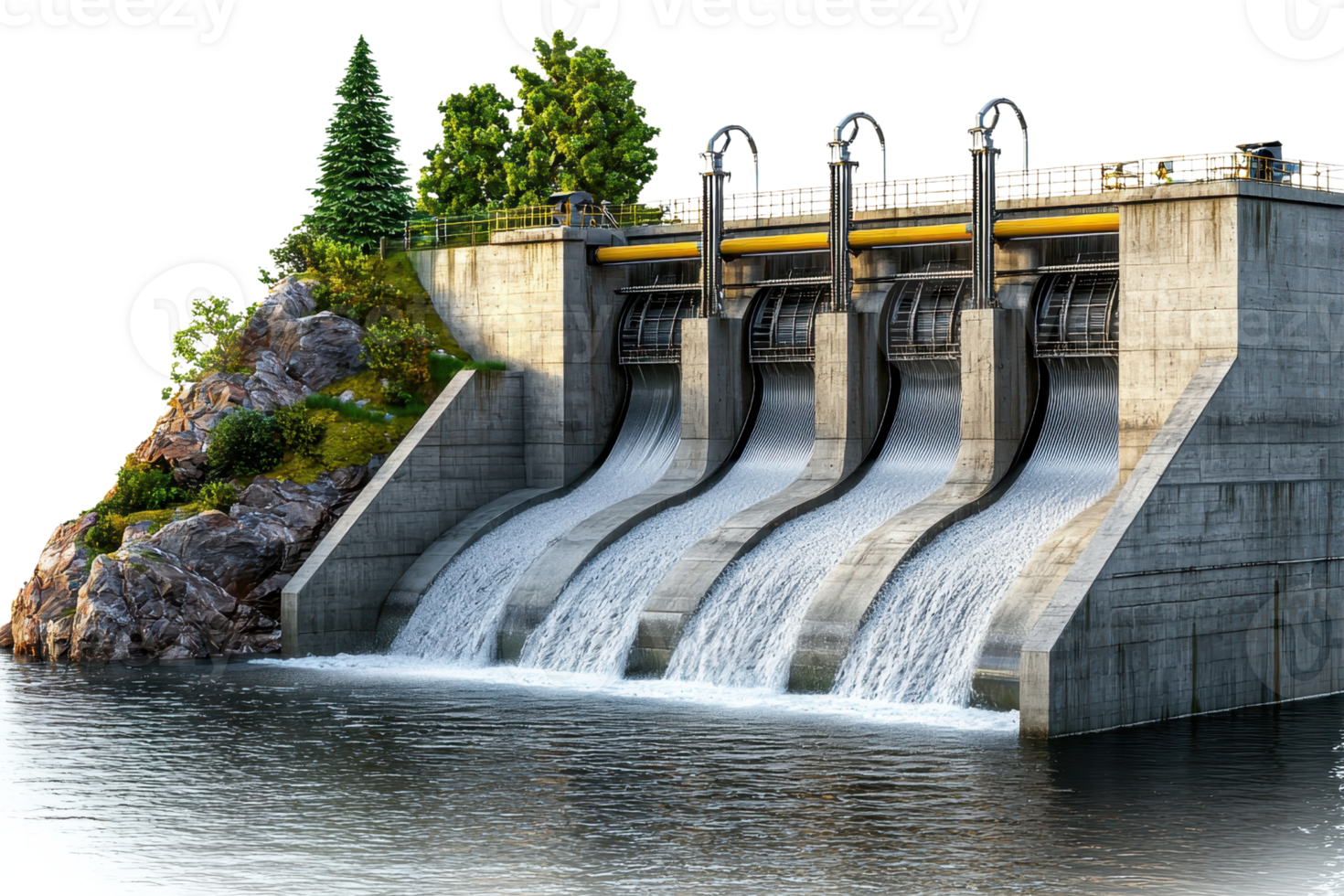 A concrete dam with three spillways, surrounded by greenery and a rocky shore, reflecting water flow in a serene landscape. png