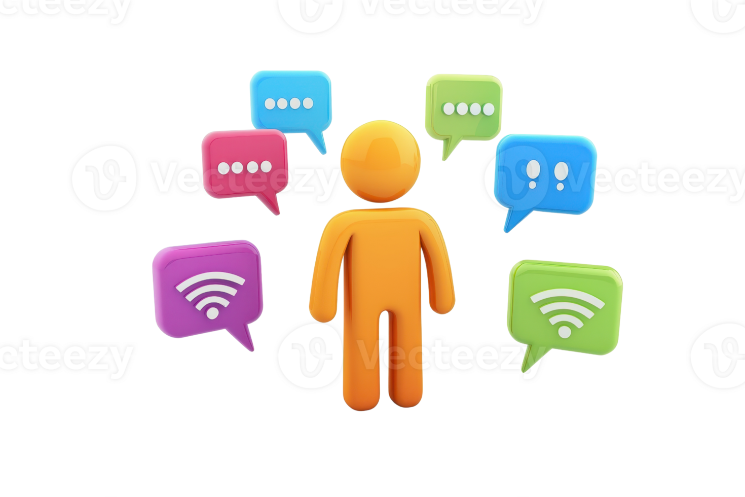 A stylized figure surrounded by various speech bubbles representing communication and networking. png