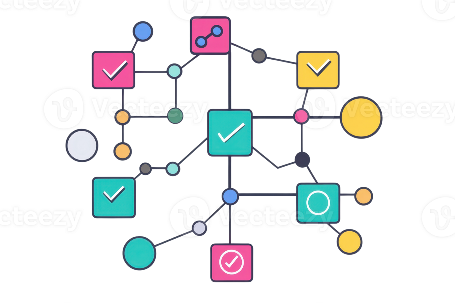 Abstract diagram featuring colorful shapes connected by lines, with check marks indicating completion or approval. png