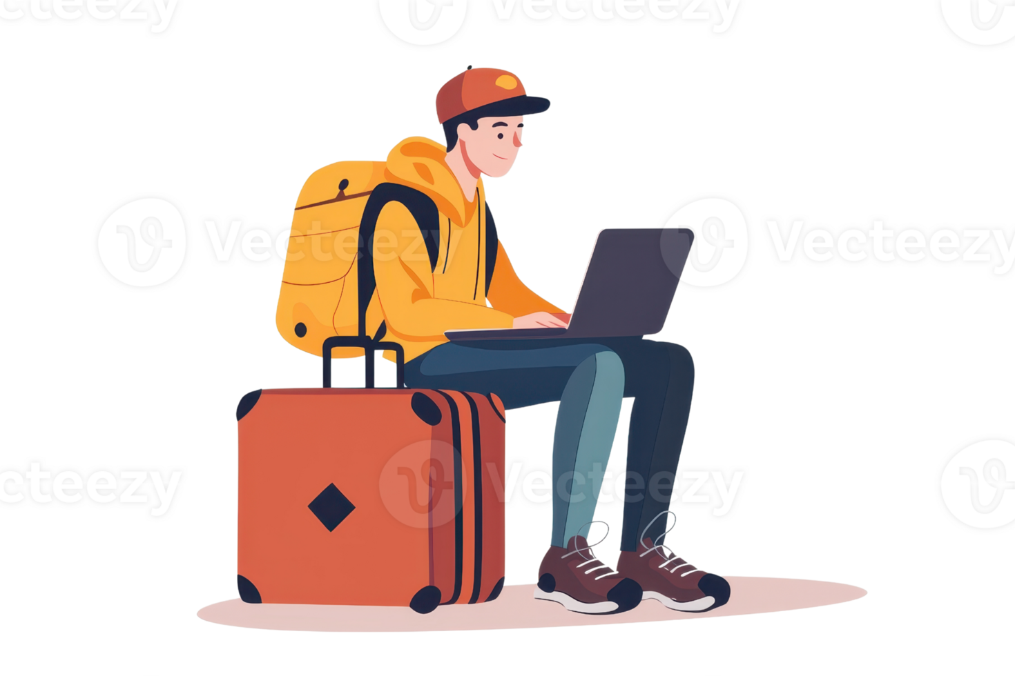 A person sitting on a suitcase works on a laptop while wearing a bright yellow jacket and cap. png