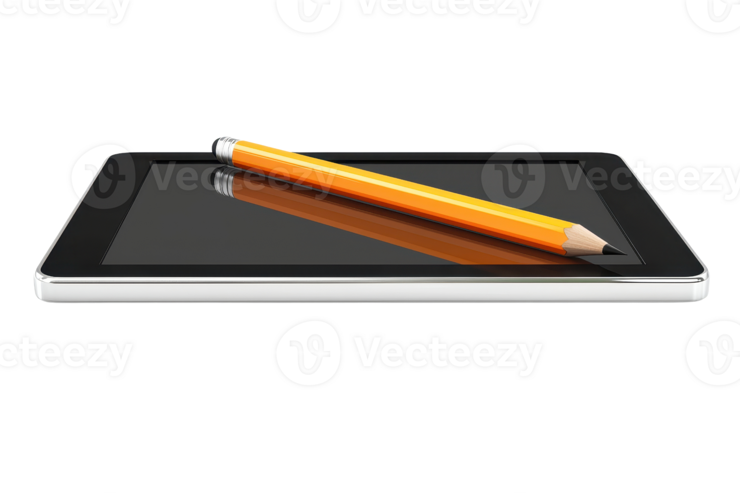 A sleek tablet with a yellow pencil resting on its screen. png