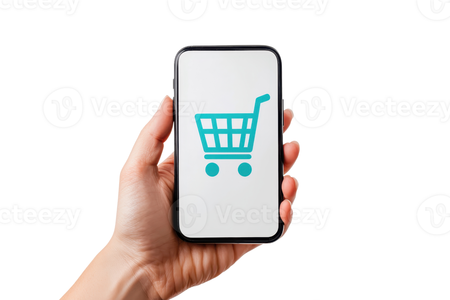 A hand holds a smartphone displaying a shopping cart icon, symbolizing mobile commerce and online shopping. png