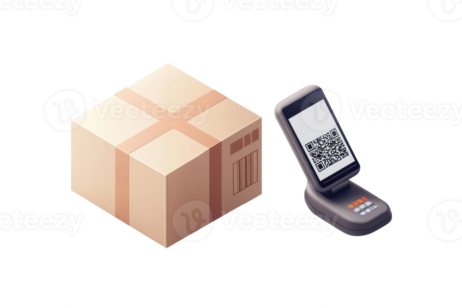 A carton box and a scanning device featuring a QR code. png
