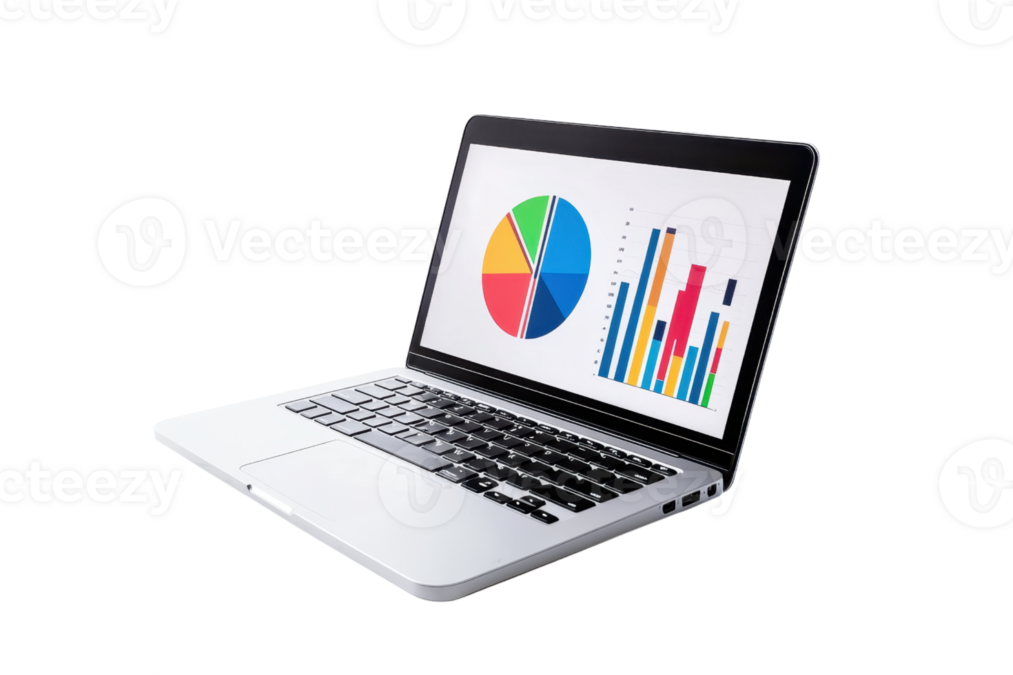 A sleek laptop displaying a colorful pie chart and bar graphs, showcasing data analysis. png