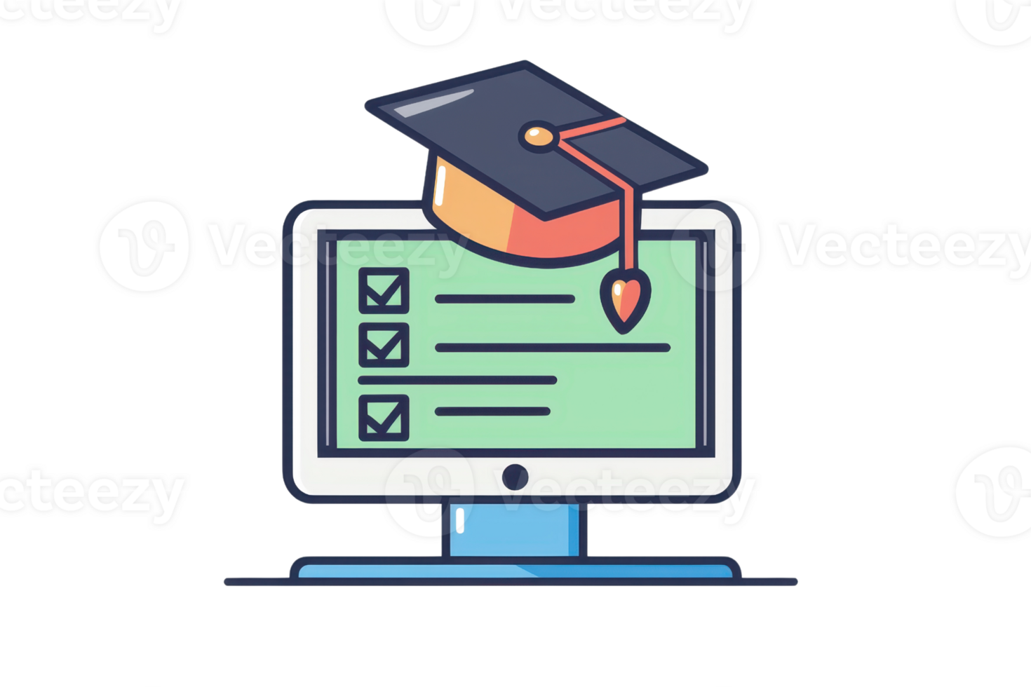 A computer monitor displays checklists with a graduation cap perched on top, symbolizing education and digital learning. png