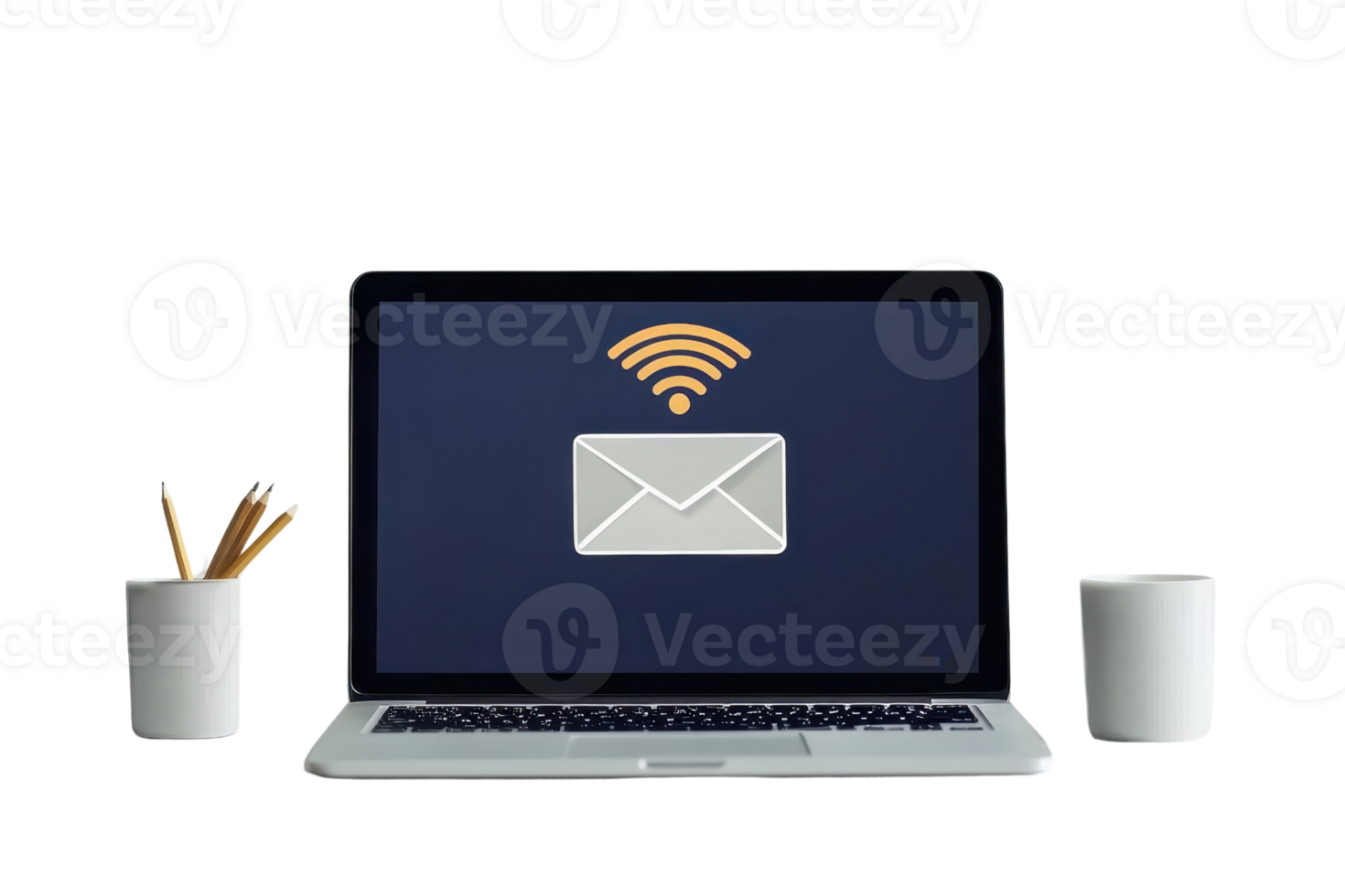 A laptop displays a wireless symbol and an envelope icon, indicating communication and connectivity. png
