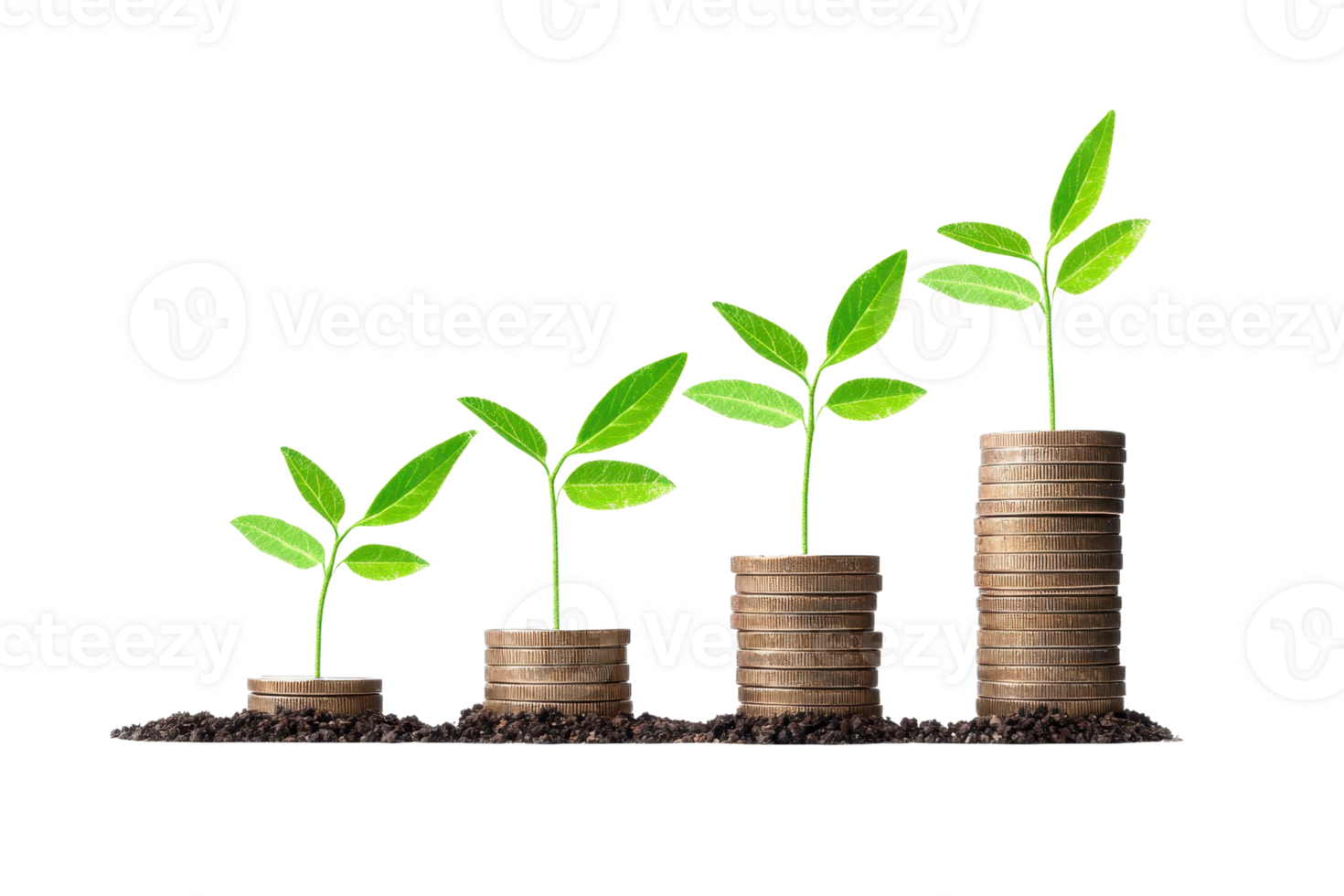 Growing plants emerge from stacks of coins, symbolizing financial growth and sustainability. png
