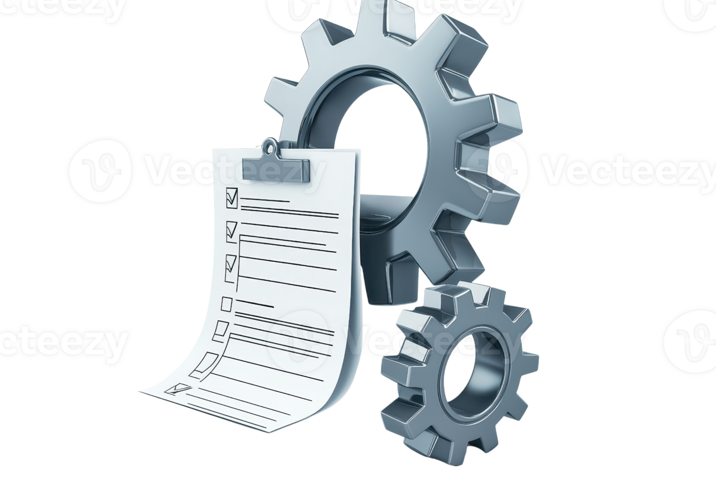A gear and a checklist paper, illustrating mechanical work and task management in a collaborative, systematic environment. png