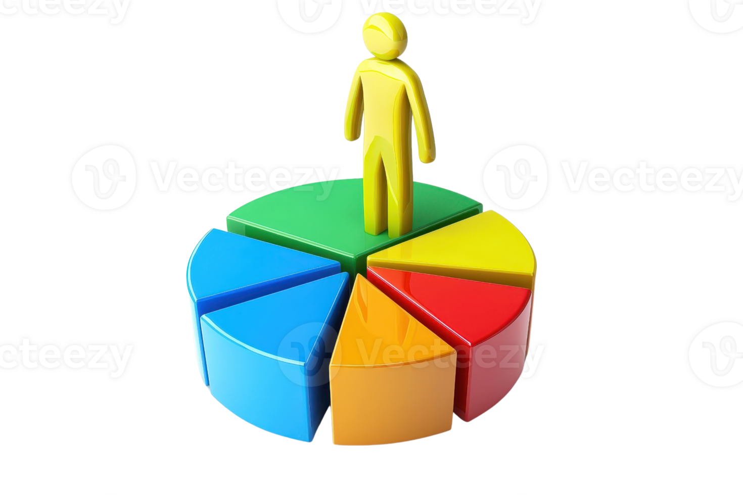 A yellow figure stands atop a colorful pie chart divided into segments, symbolizing data representation and analysis. png