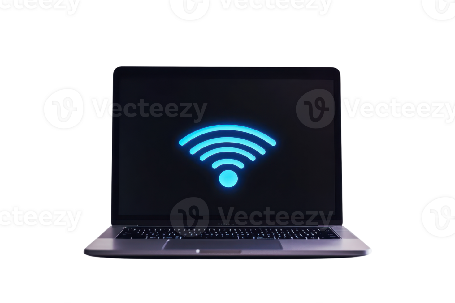 A laptop displaying a blue Wi-Fi signal symbol on its screen. png