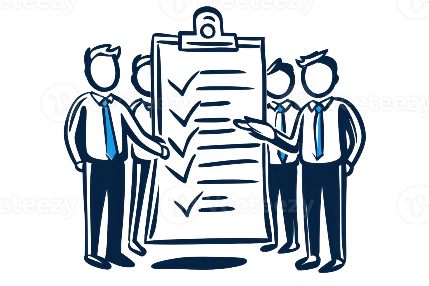 A group of business individuals discussing a checklist on a clipboard, indicating teamwork and task management. png